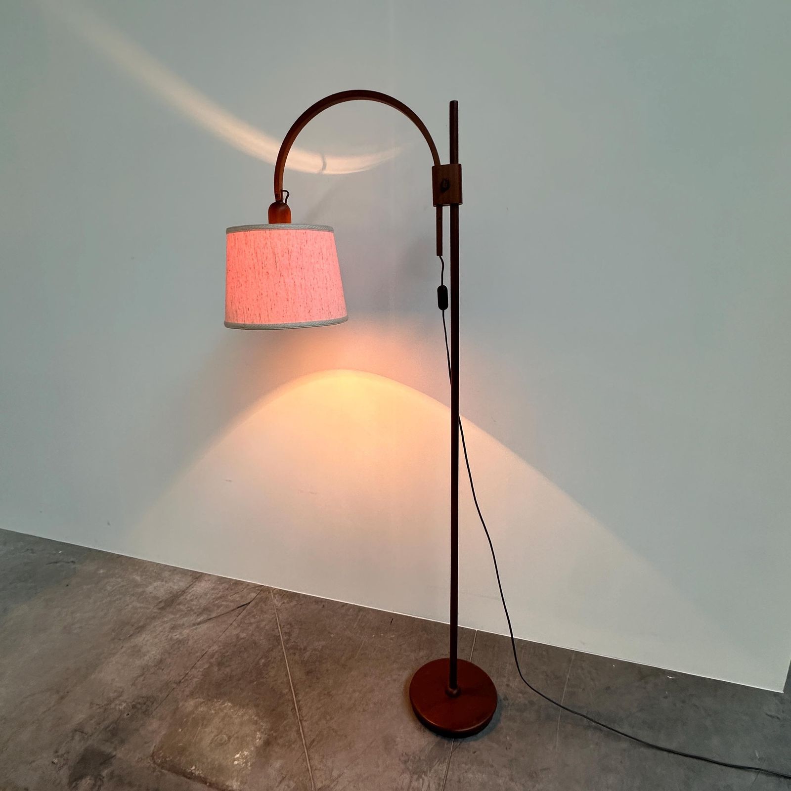 Mid Century Modern Adjustable Teak Arc Floor Lamp With Fabric Shade, 1960s