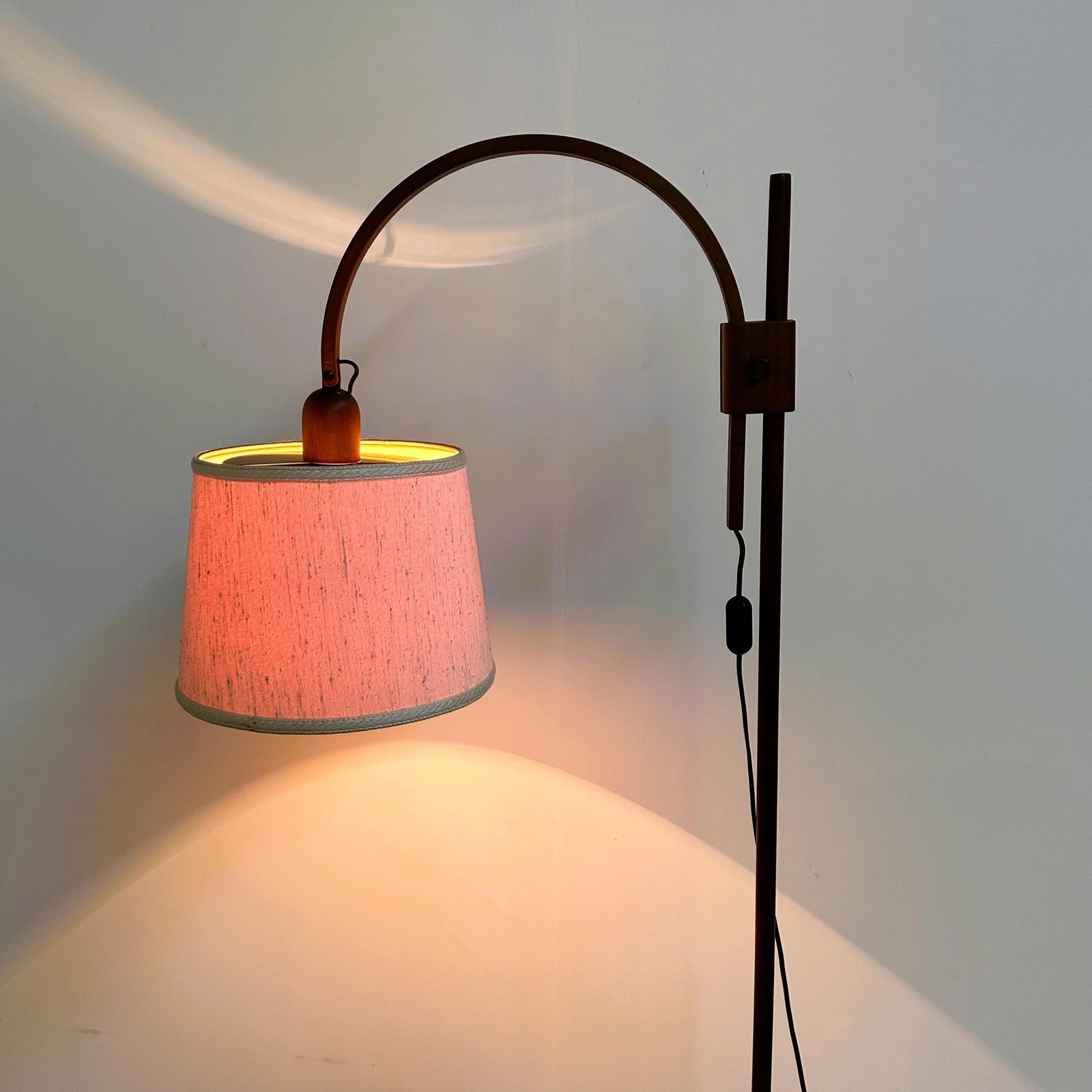 Mid Century Modern Adjustable Teak Arc Floor Lamp With Fabric Shade, 1960s photo vinterior