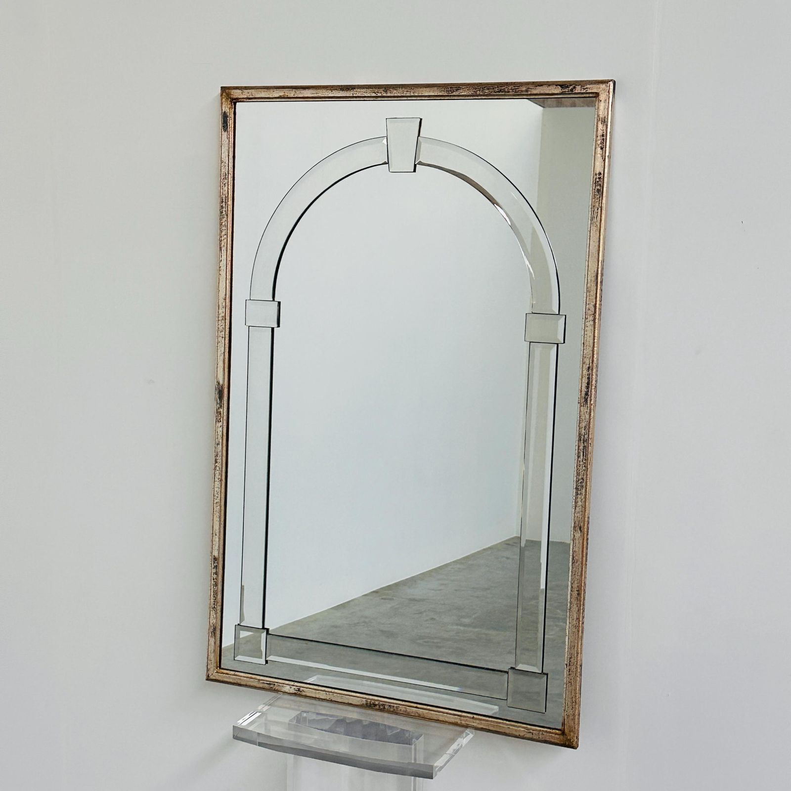 Large Art Deco Style Beveled Wall Mirror With Architectural Arch Design