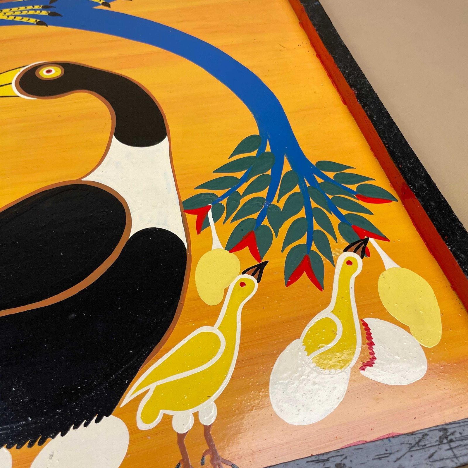 Vintage Tingatinga African Board Painting, Hand Painted Birds In Mango Tree, Signed O A Ally Tanzanian Folk Art, Framed Enamel Artwork photo 145.0