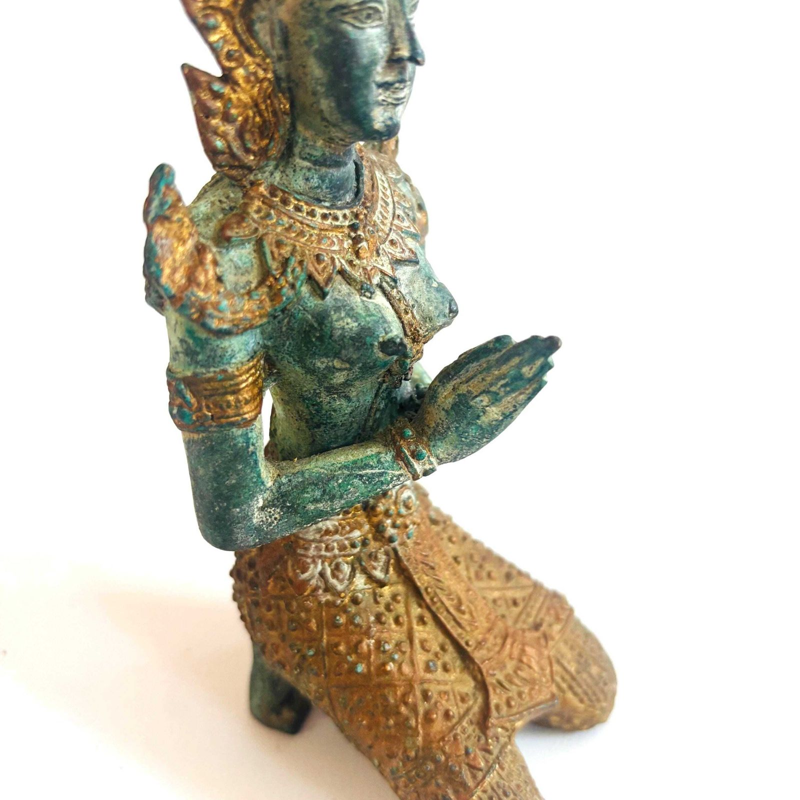 Vintage Thai Bronze Teppanom Statue – Kneeling Temple Guardian Angel Figure photo for sale
