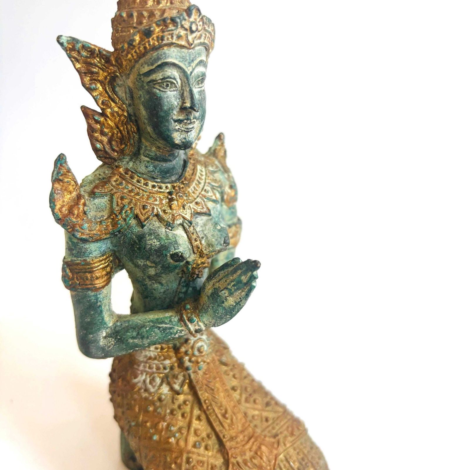 Vintage Thai Bronze Teppanom Statue – Kneeling Temple Guardian Angel Figure photo Art