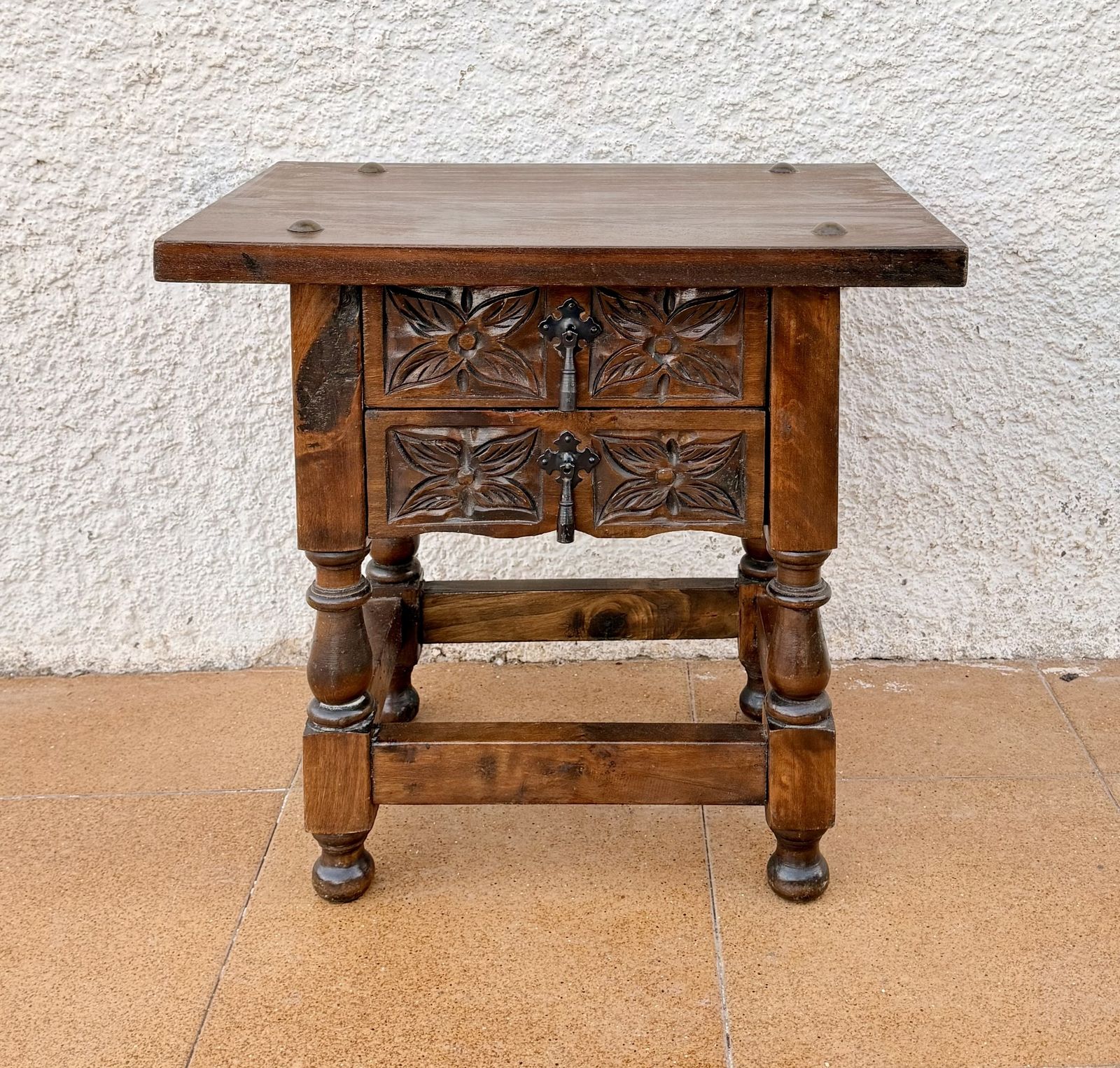 Pair Of Spanish Carved Wood Bedside Tables With Floral Drawers, Mid 20th Century photo vinterior