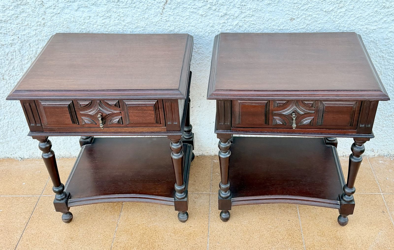 Pair Of Spanish Carved Wood Bedside Tables With Lower Shelves, 1940s photo Furniture