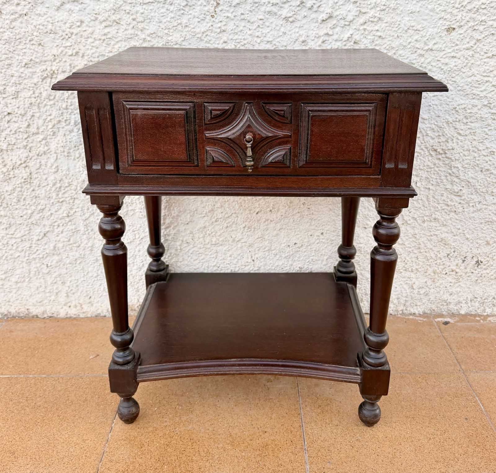Pair Of Spanish Carved Wood Bedside Tables With Lower Shelves, 1940s photo vintage