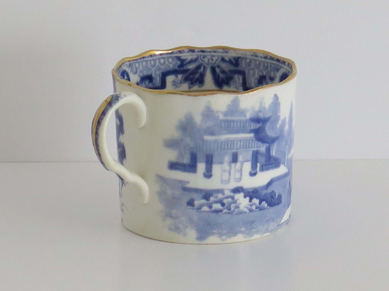 photo for sale Miles Mason Porcelain Coffee Can & Saucer Blue And White Pattern, Circa 1805.