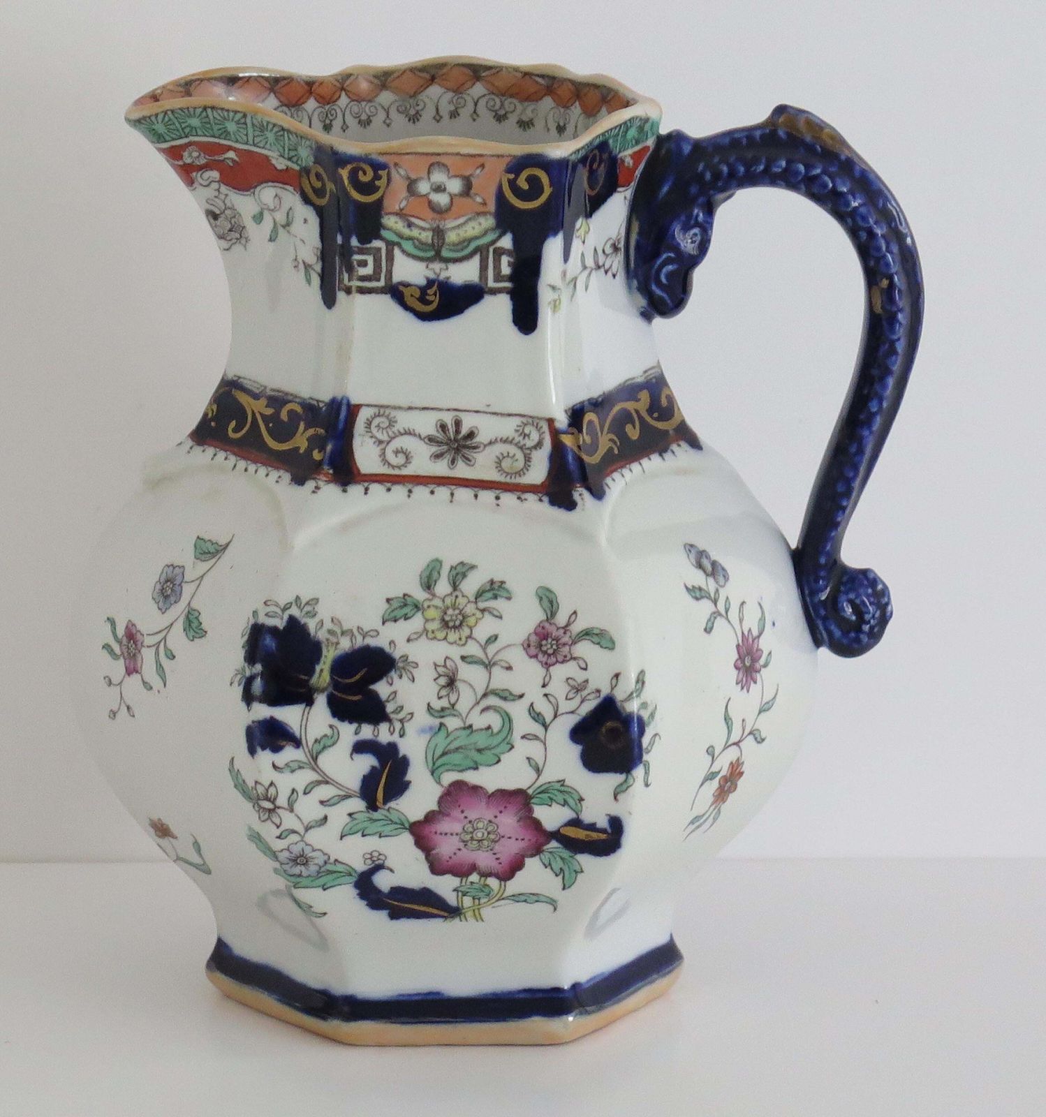 Mason's Ironstone Jug, Hexagonal Pitcher With Serpent Handle, 1830. photo 434.0
