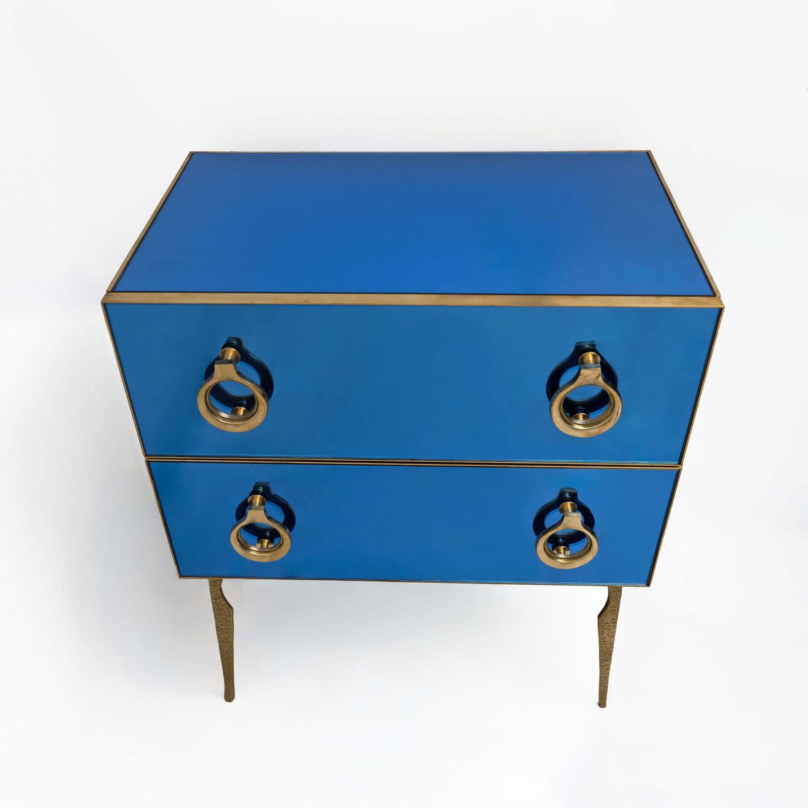Blauwe Ladekast met Spiegeloppervlak en Messing Details, Mid-Century Modern Stijl photo furniture