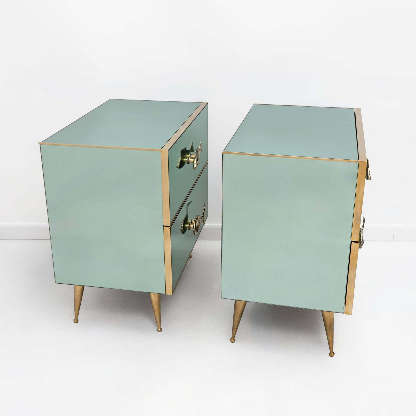 Pair Of Mid Century Aqua Green Mirrored Glass Nightstands With Brass Fish Handles photo Furniture