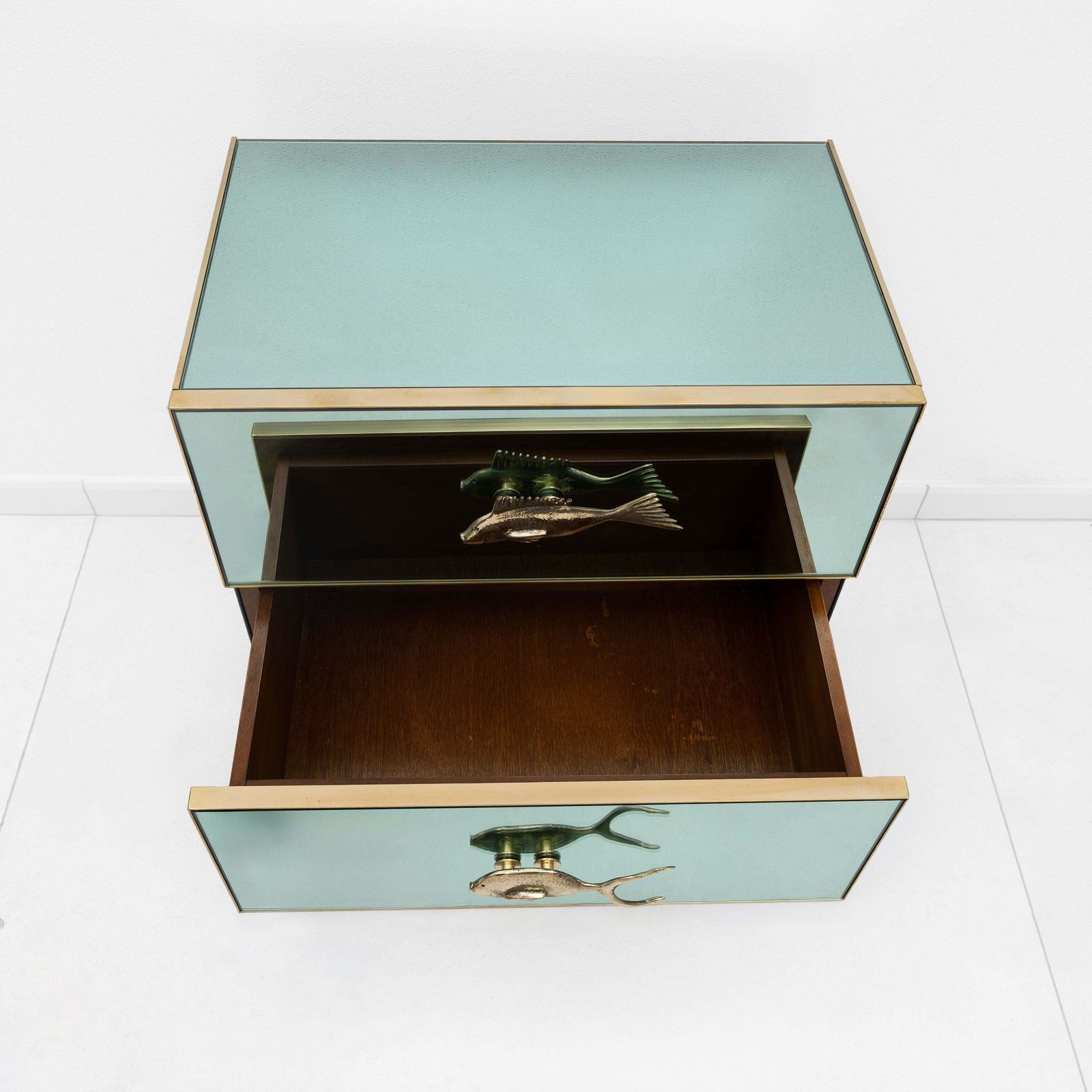 photo for sale Pair Of Mid Century Aqua Green Mirrored Glass Nightstands With Brass Fish Handles