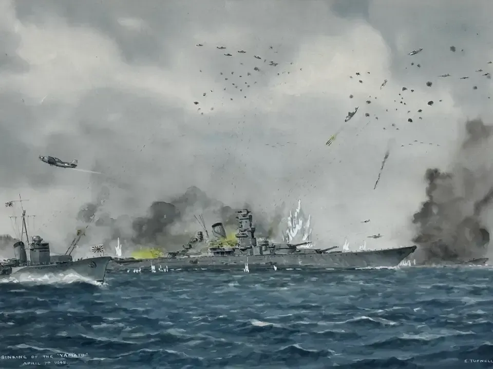 Eric Tufnell Wwii Naval Battle Watercolour Sinking Battleship Yamato 1945 photo furniture
