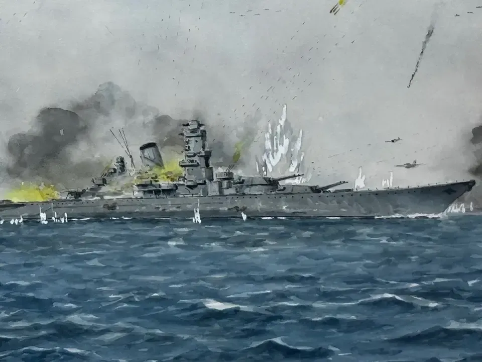 Eric Tufnell WOII Maritiem Aquarel Zinken Slagschip Yamato 1945 photo Kunst