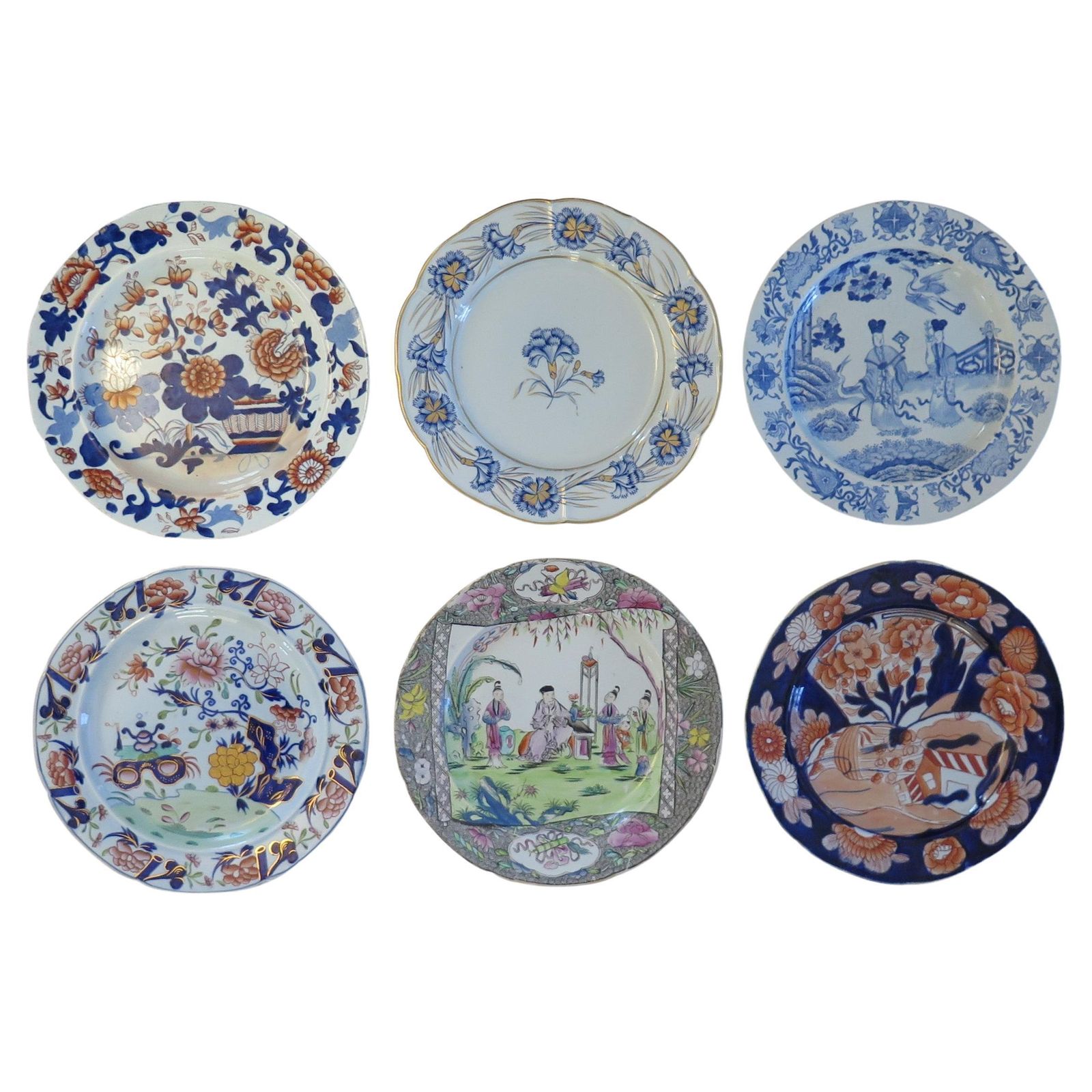 Antiek harlequin set van zes Mason's Ironstone dinerborden, 1818.