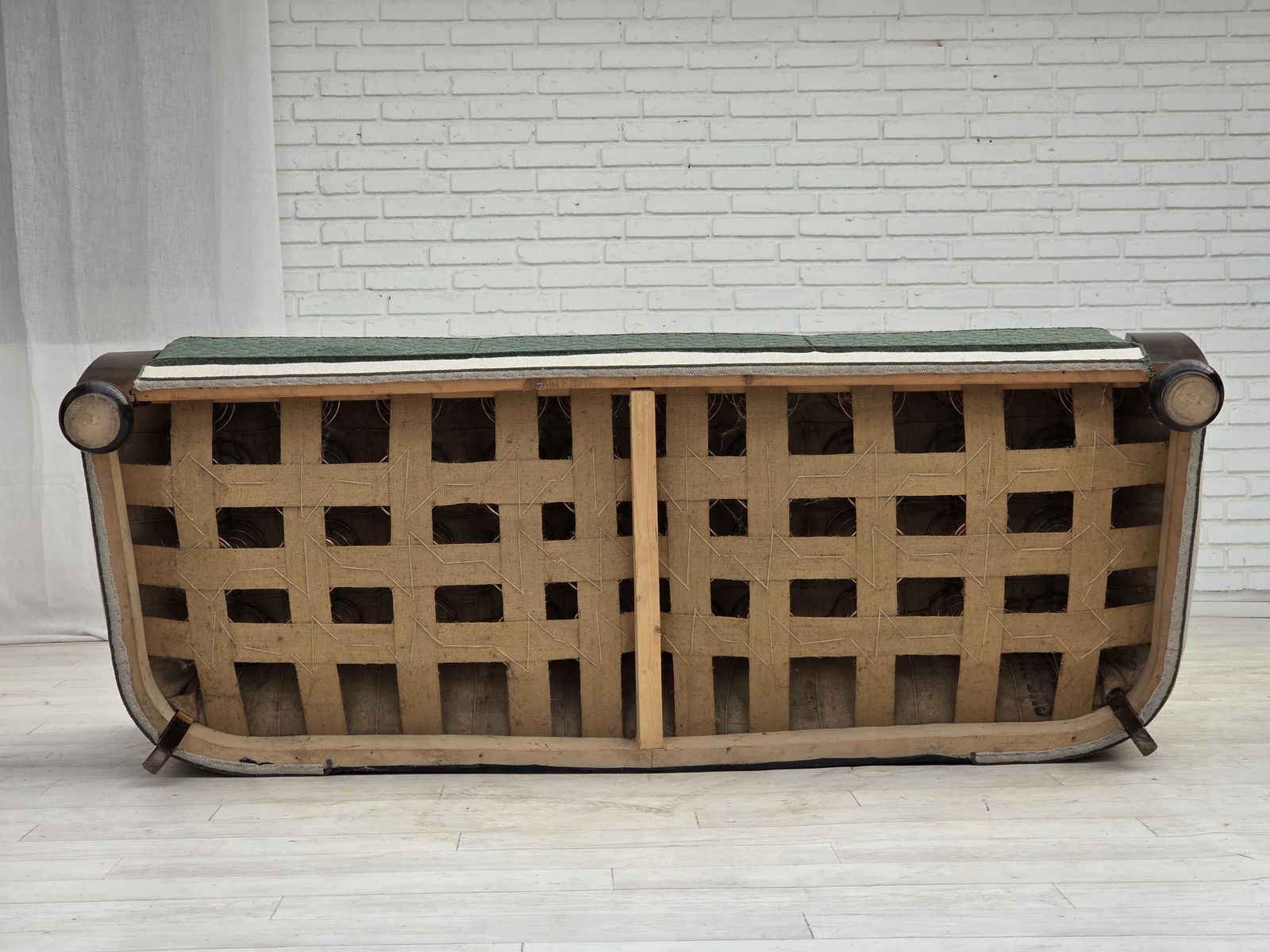 photo vintage 1960s, Danish 3 Seater Sofa, Furniture Wool, Oak Wood.
