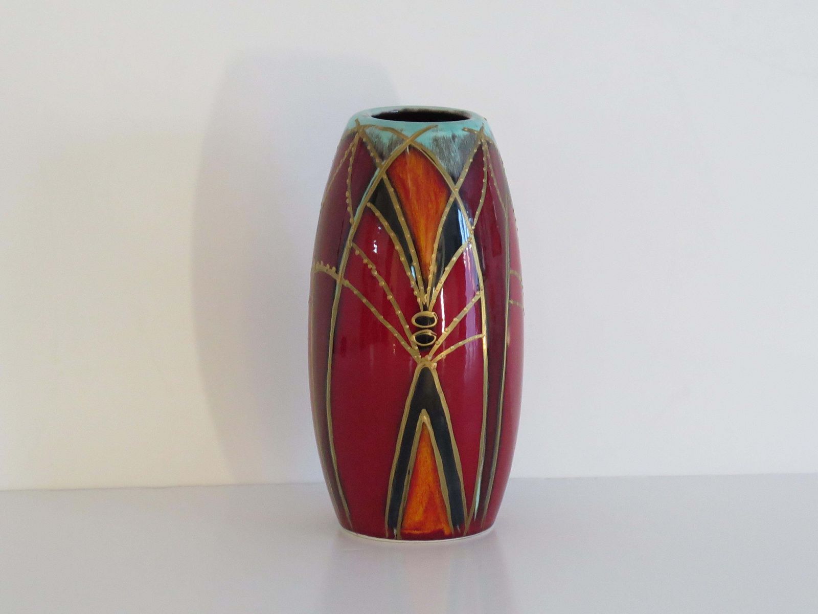 Anita Harris handgeschilderde vaas, Flambe Glaze, geometrisch motief photo vinterior