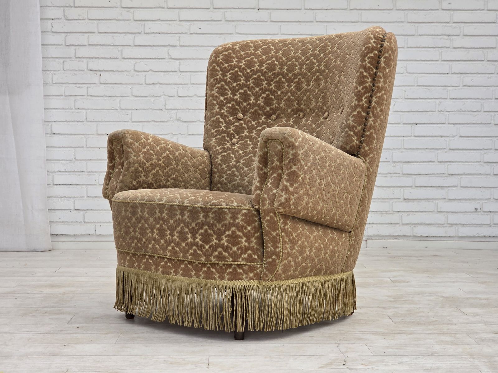 photo vinterior 1960s, Danish Armchair, Furniture Velour, Beech Wood.