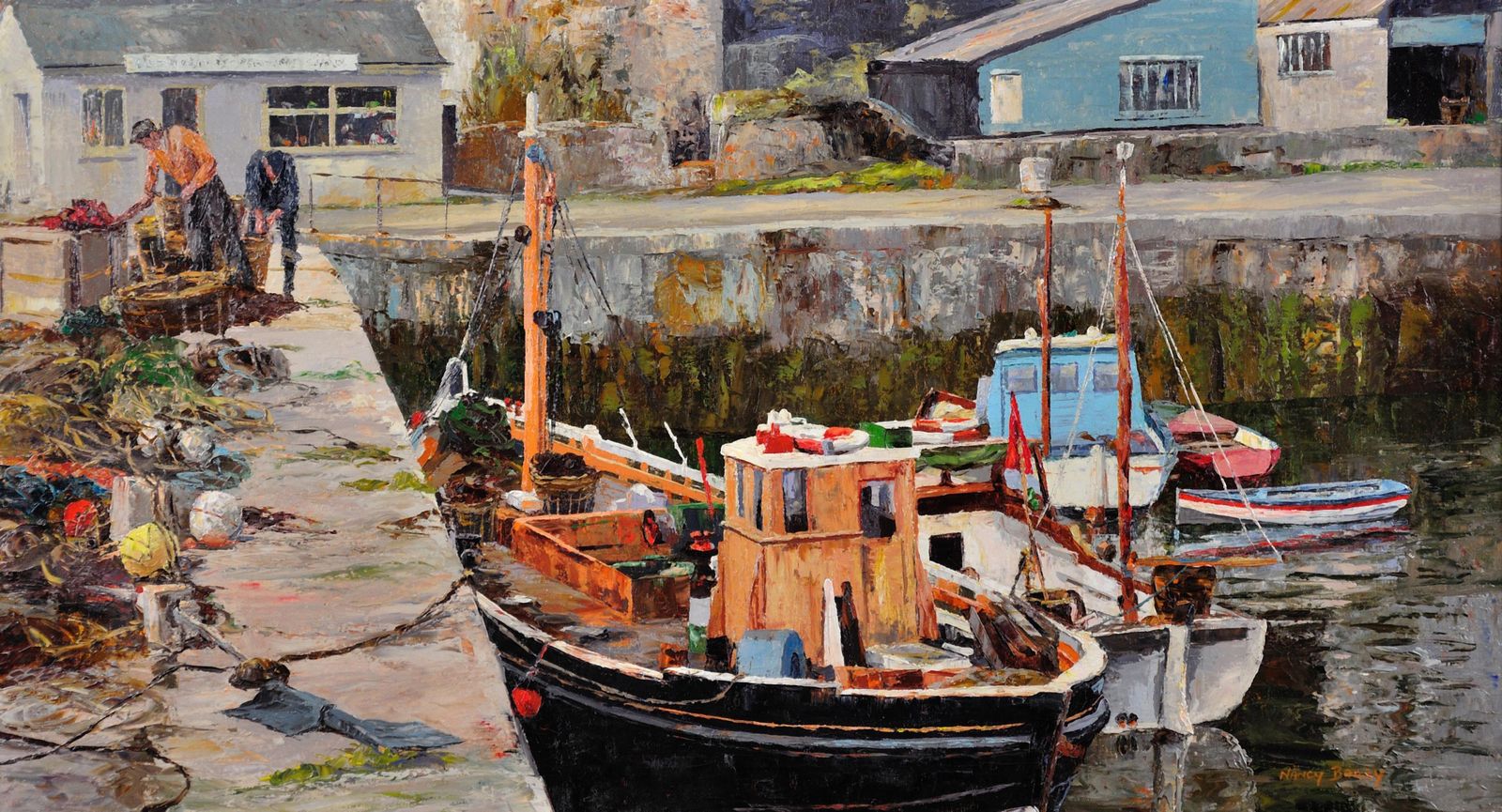 Nancy Bailey 1913 à 2012. Anglaise. Working Boats, Porthleven, Cornwall. 1973. Huile sur toile au couteau, encadrée. Pêche côtière en Cornouailles. photo furniture