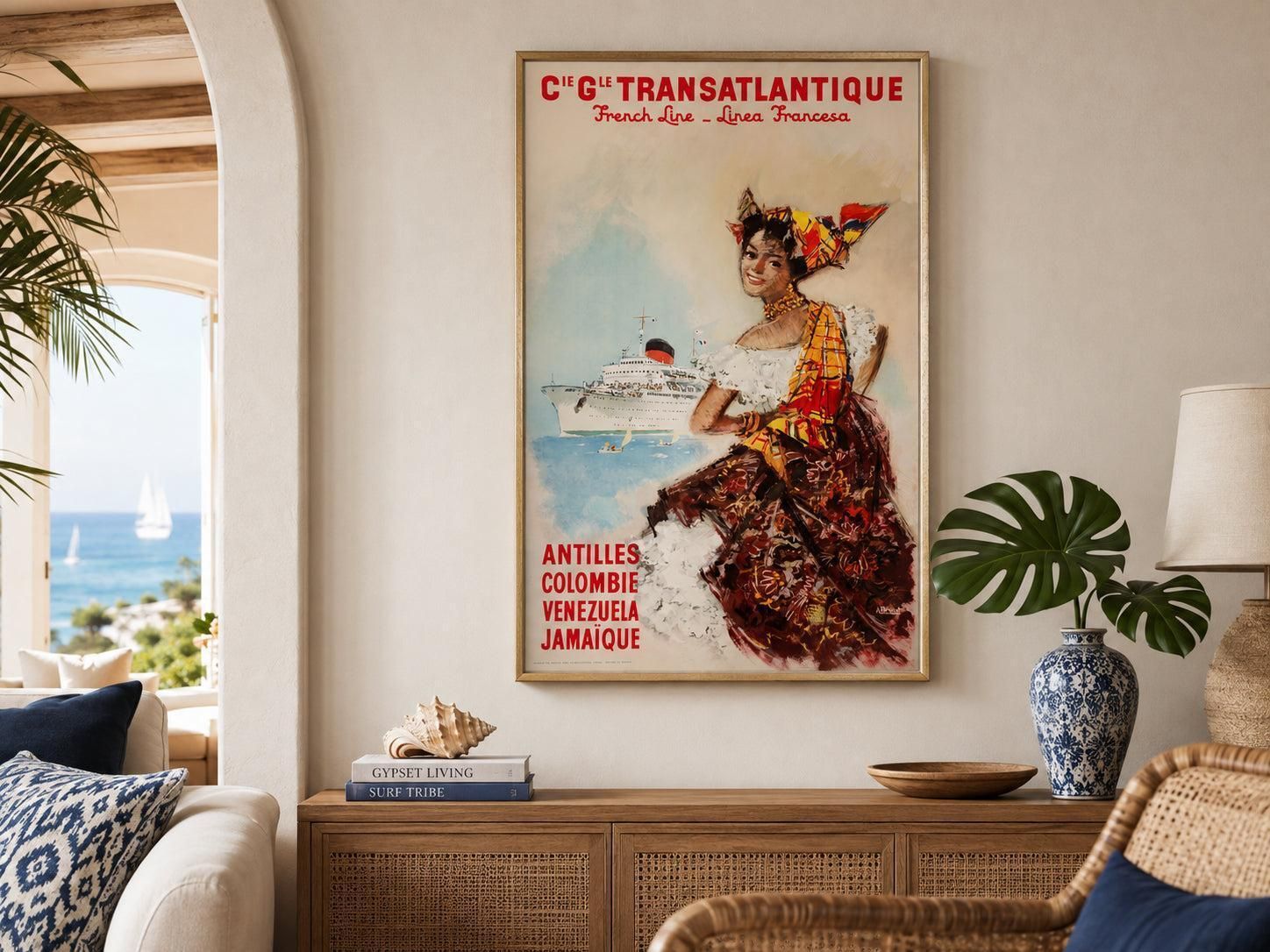 Cie Gle Transatlantique French Line Venezuela Jamaïque ca. jaren 1950 reisposter. photo furniture