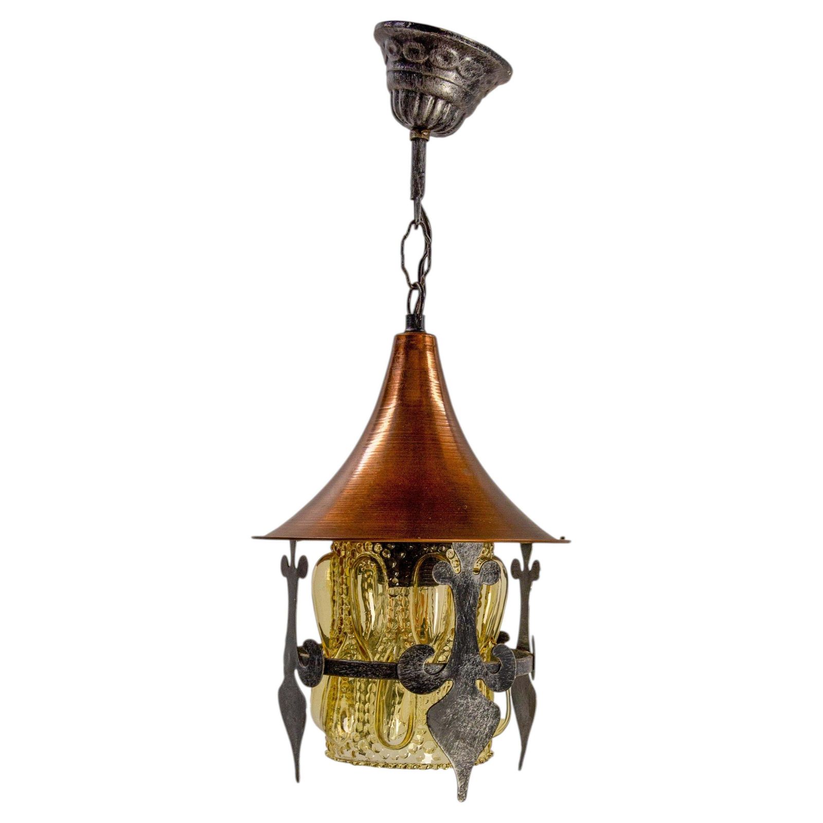 Lustre suspension français en fer forgé, cuivre et verre, vers 1900