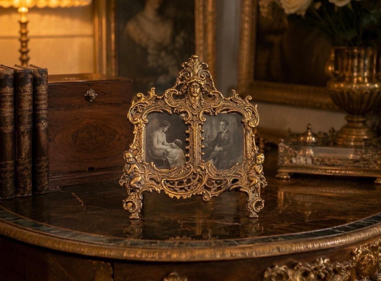Paar Verguld Messing Rococo Fotolijsten, Antieke Decoratieve Wand en Tafellijsten photo for sale