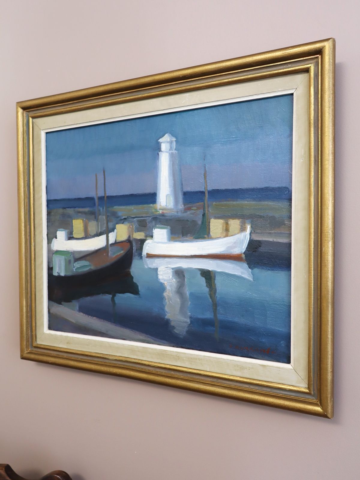 Haventafereel in blauw, olieverfschilderij, midden 20e eeuw photo for sale