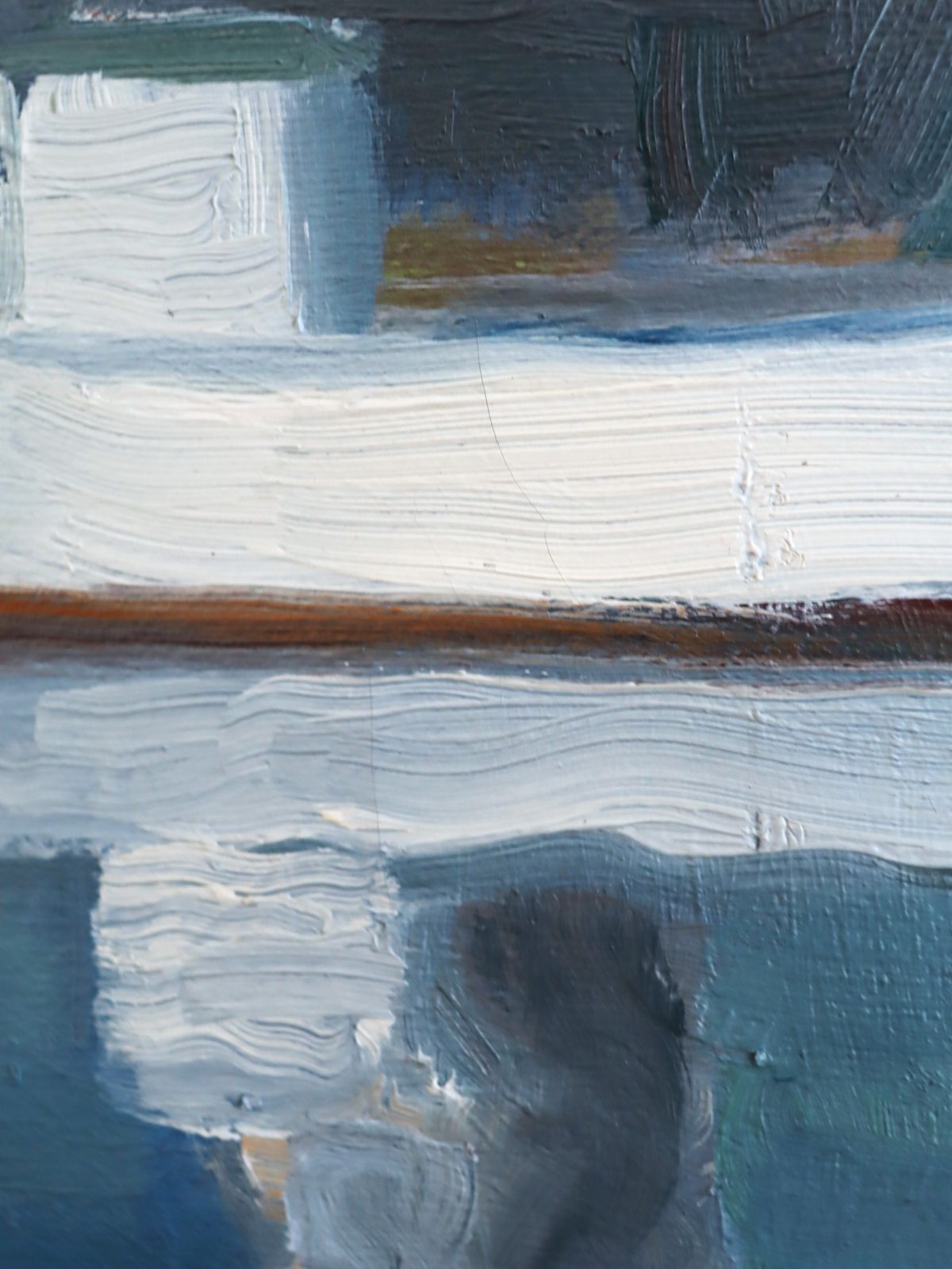 Haventafereel in blauw, olieverfschilderij, midden 20e eeuw photo vintage