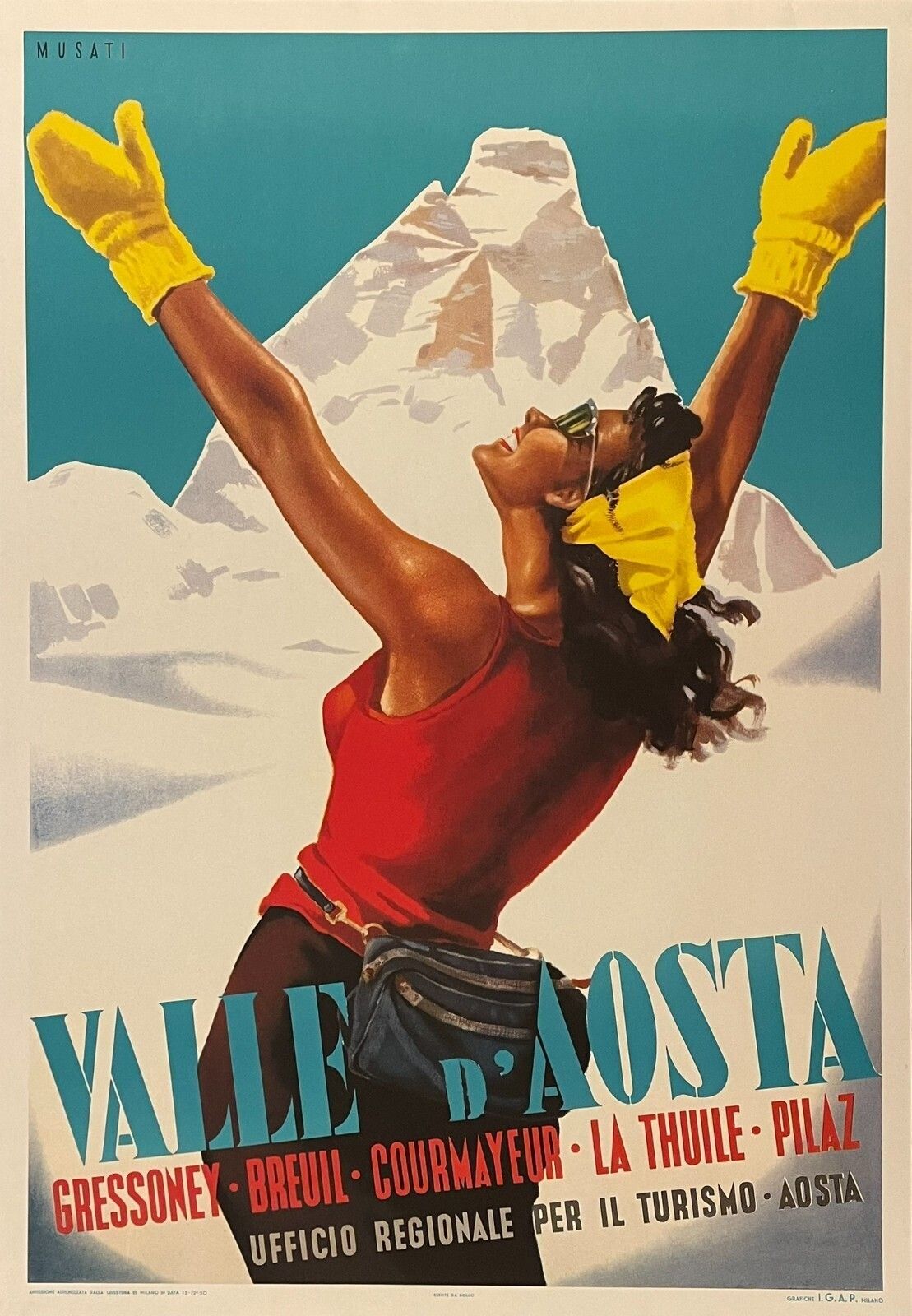 Arnaldo Musati, vers 1980, Valle d'Aosta, affiche vintage d'époque, 98,5 x 68,5 cm