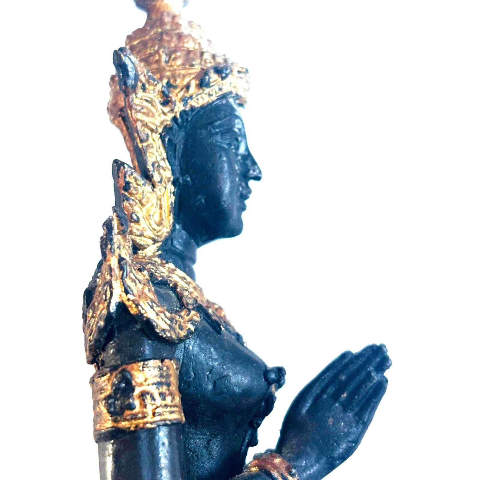 Statue Teppanom thaïlandaise mid-century en bronze doré, patinée noir et or, gardienne de temple photo vinterior
