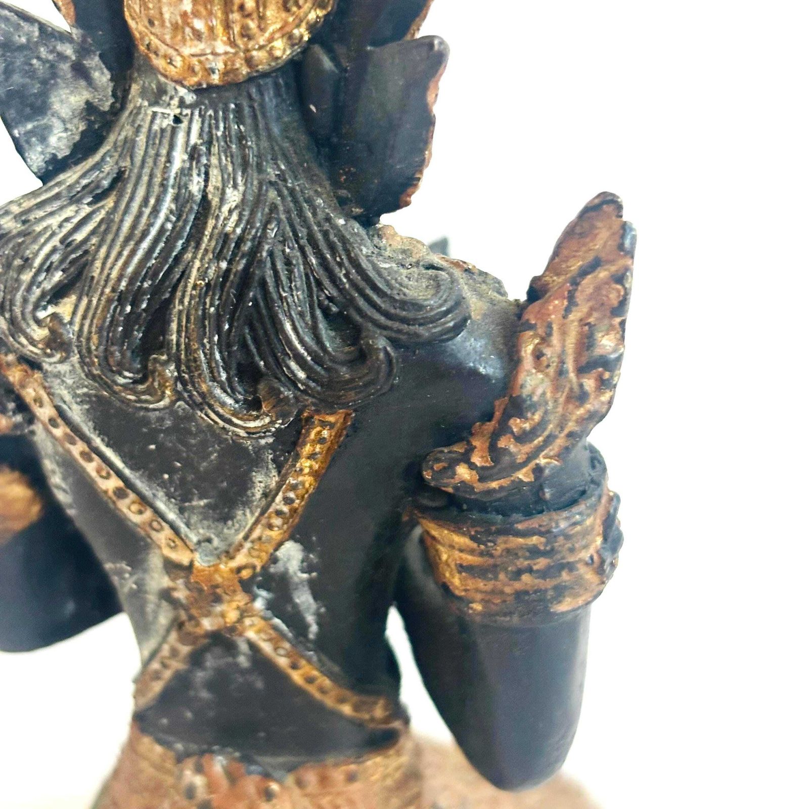 photo furniture Statue Teppanom thaïlandaise mid-century en bronze doré, patinée noir et or, gardienne de temple
