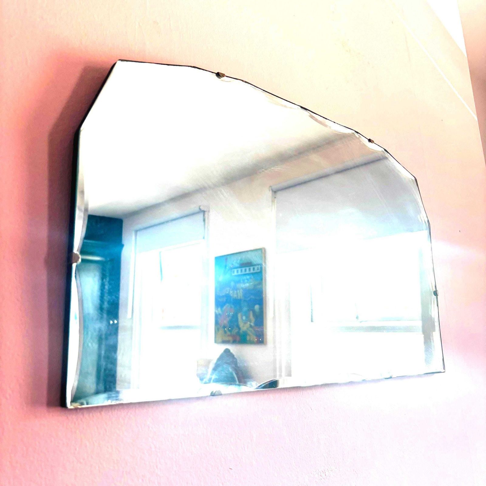 Art Deco Scalloped Frameless Mirror ca. 1930 - Vintage Spiegel met Geslepen Rand en Ophangketting photo for sale