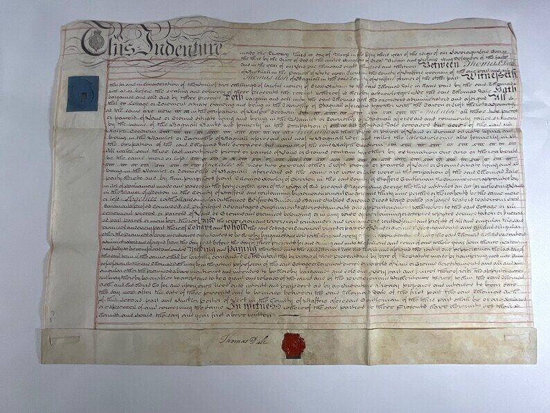 1813 Georgisch huurcontract voor één jaar, juridisch document - Eigendomsoverdracht Staffordshire met blauwe belastingzegel en wassensiegel photo furniture