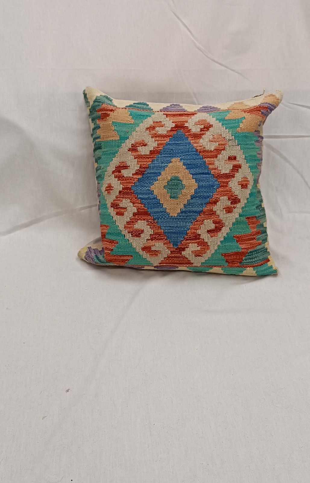 Torquise Blue Geometric Cushion Cover, Vintage Wool Kilim Pillow Home Decor photo vinterior