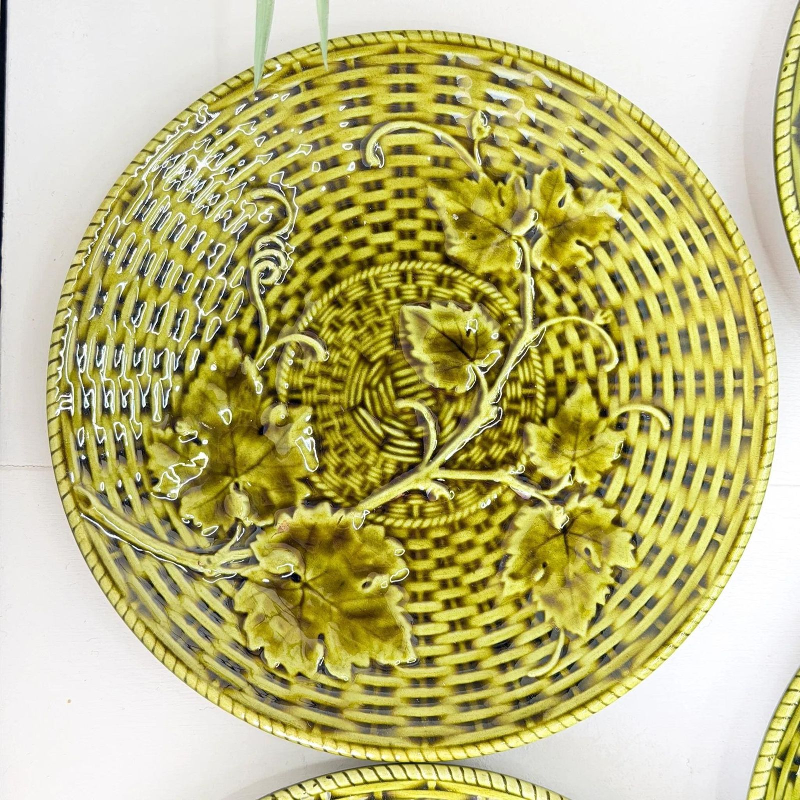 Antique Sarreguemines Majolica Plate Set Grapevine Basketweave photo for sale