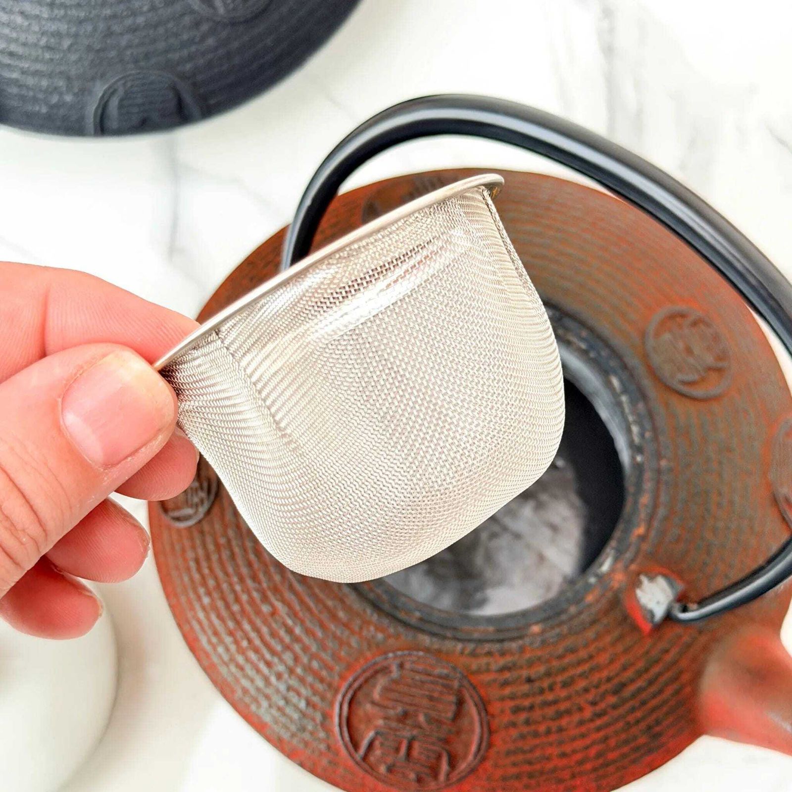 photo for sale Oigen Nanbu Tekki Cast Iron Teapot Pair Black & Red Vintage Japanese