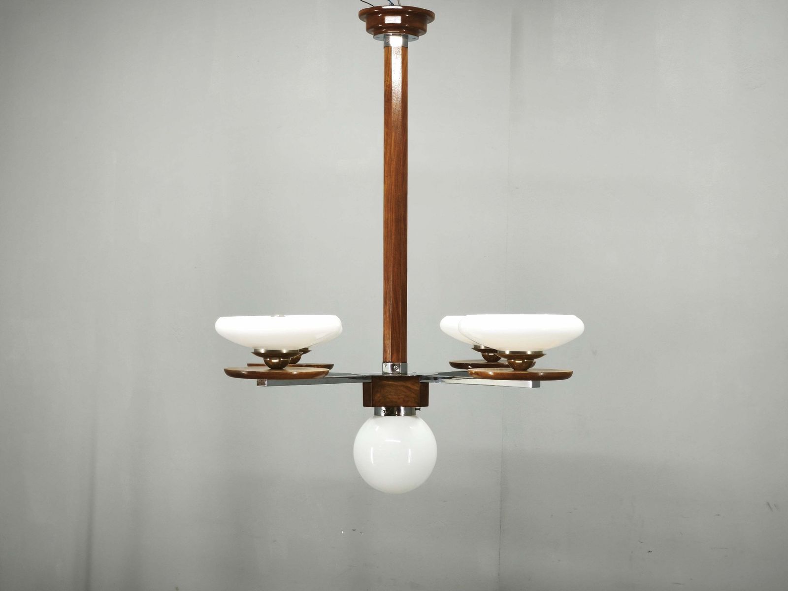 Tsjechische art deco hanglamp van walnoot, chroom en opalineglas, jaren 1930 photo furniture
