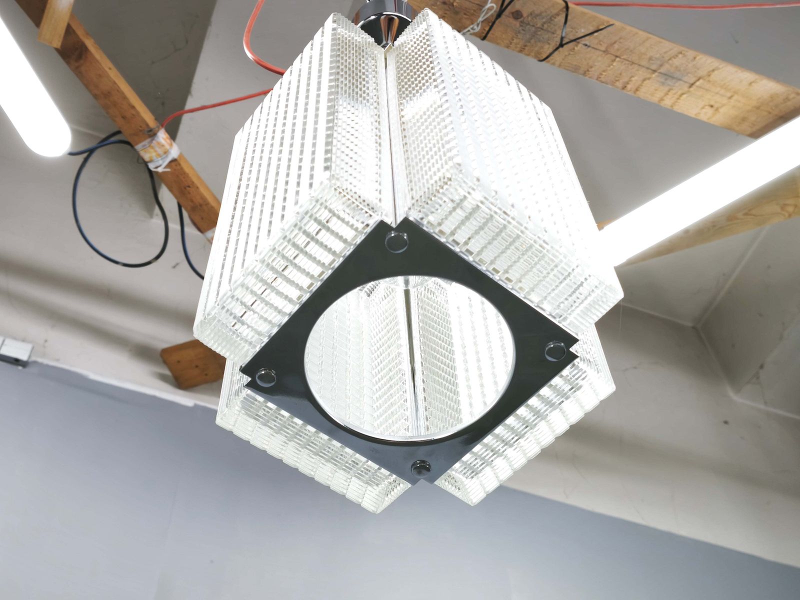 Pair Of Napako Chrome And Textured Glass Pendant Lights, 1970s photo Lighting