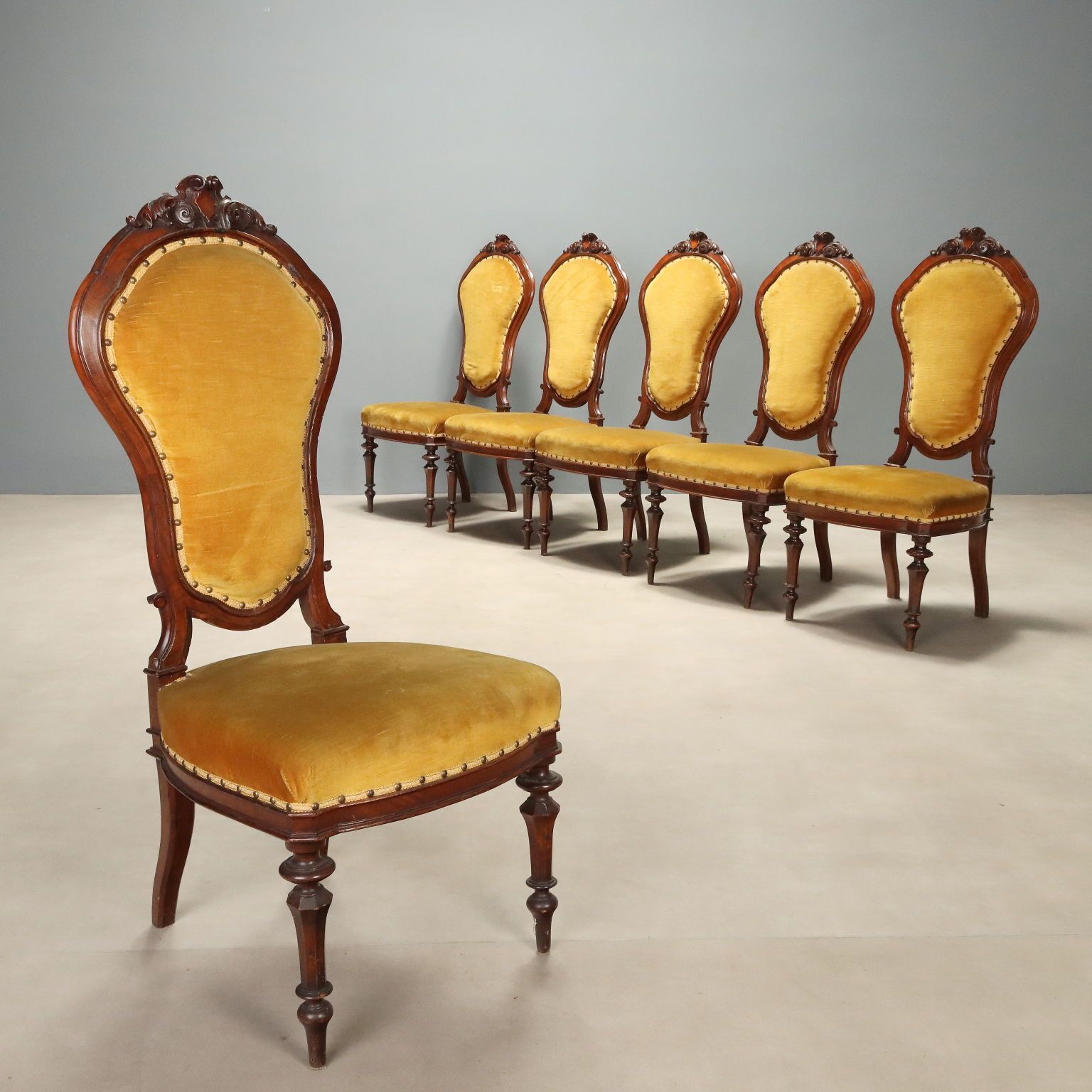 Antique Chairs Umbertino Walnut Carvings Italy XIX Century