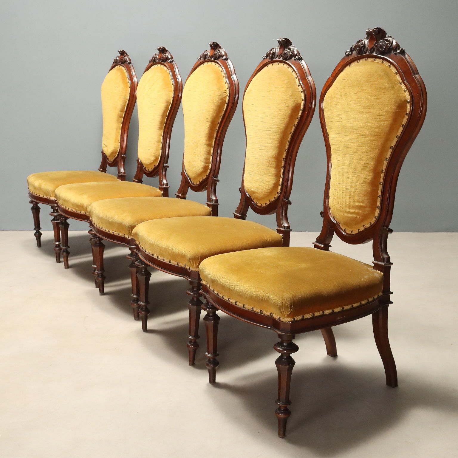 Antique Chairs Umbertino Walnut Carvings Italy XIX Century photo for sale