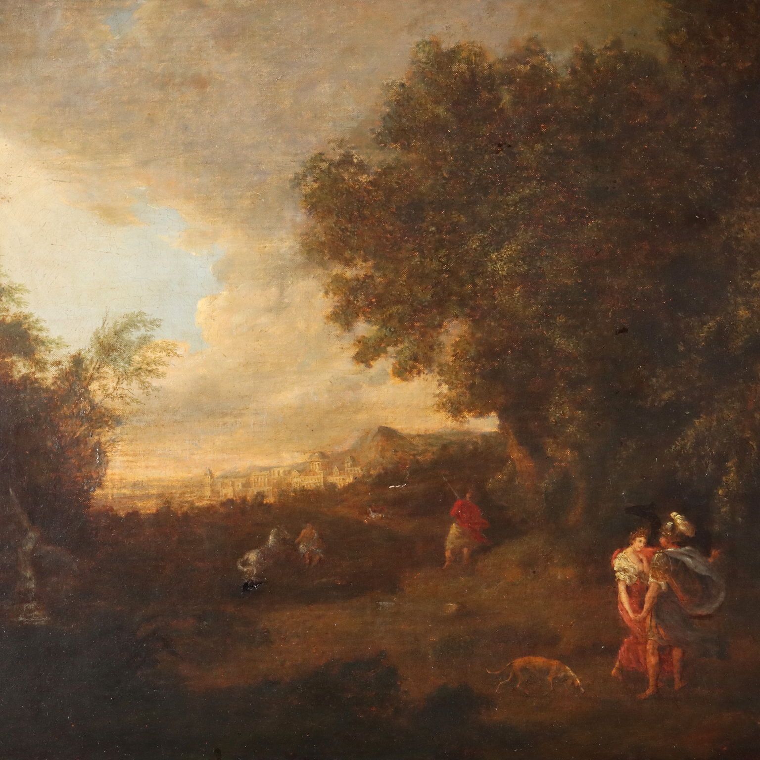 Tableau d'époque, paysage animé de figures, huile sur toile, XVIIIe siècle photo for sale