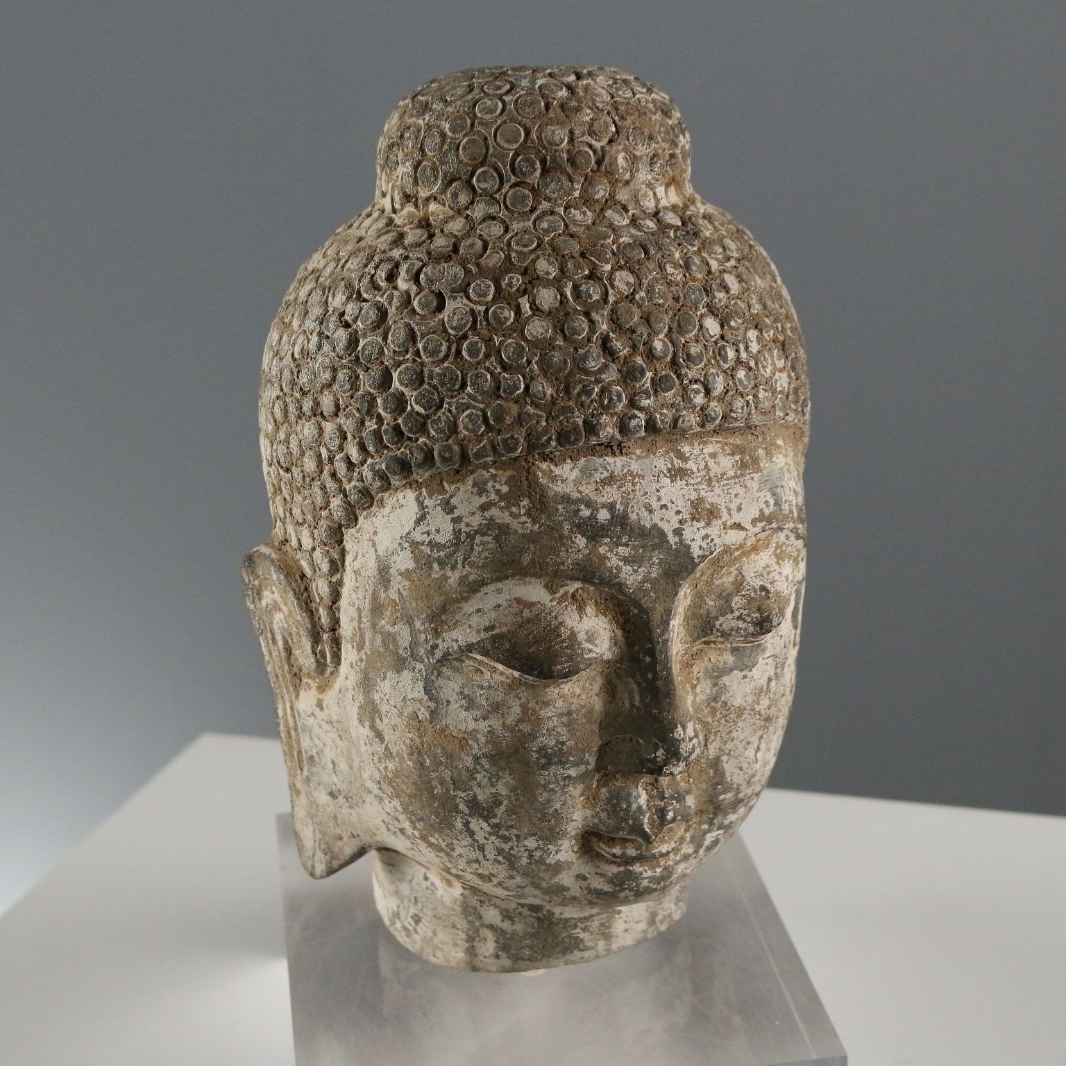 Stone Buddha Head Modern Sculpture Plexiglass Base XX Century photo Home Decor