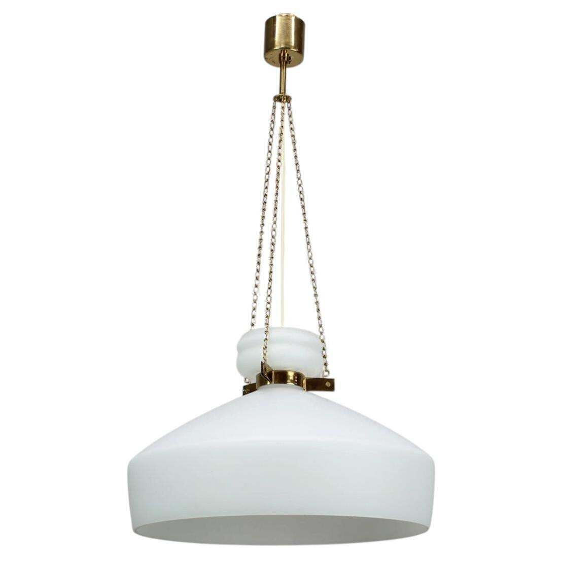 1970s Czechoslovak Mid Century Modern Pendant Lamp In Opaline Milk Glass And Bra