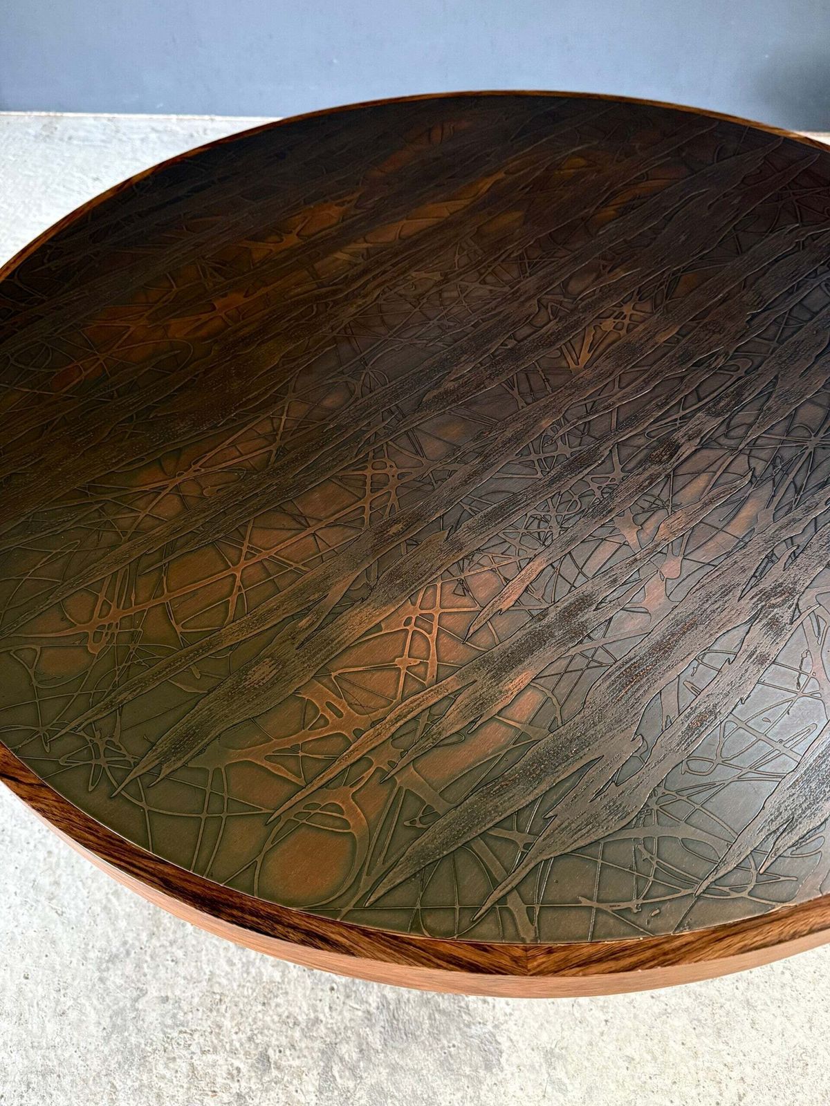 1300.0 Midcentury Modern Scandinavian Design Teak And Sculptural Copper Inlay Coffee Table, Denmark 1960's photo