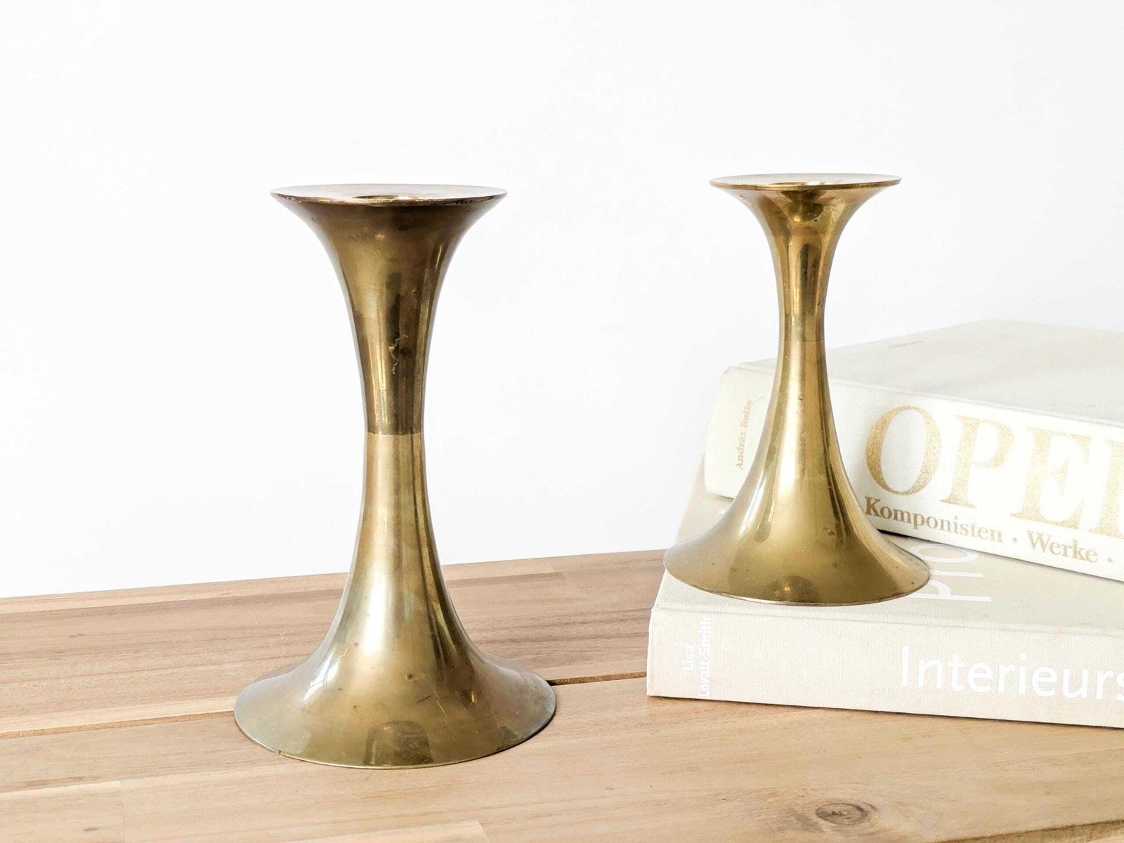 Vintage Brass Trumpet Candlestick Holders Pair Midcentury Modern Table Centerpiece Or Console Decor photo furniture
