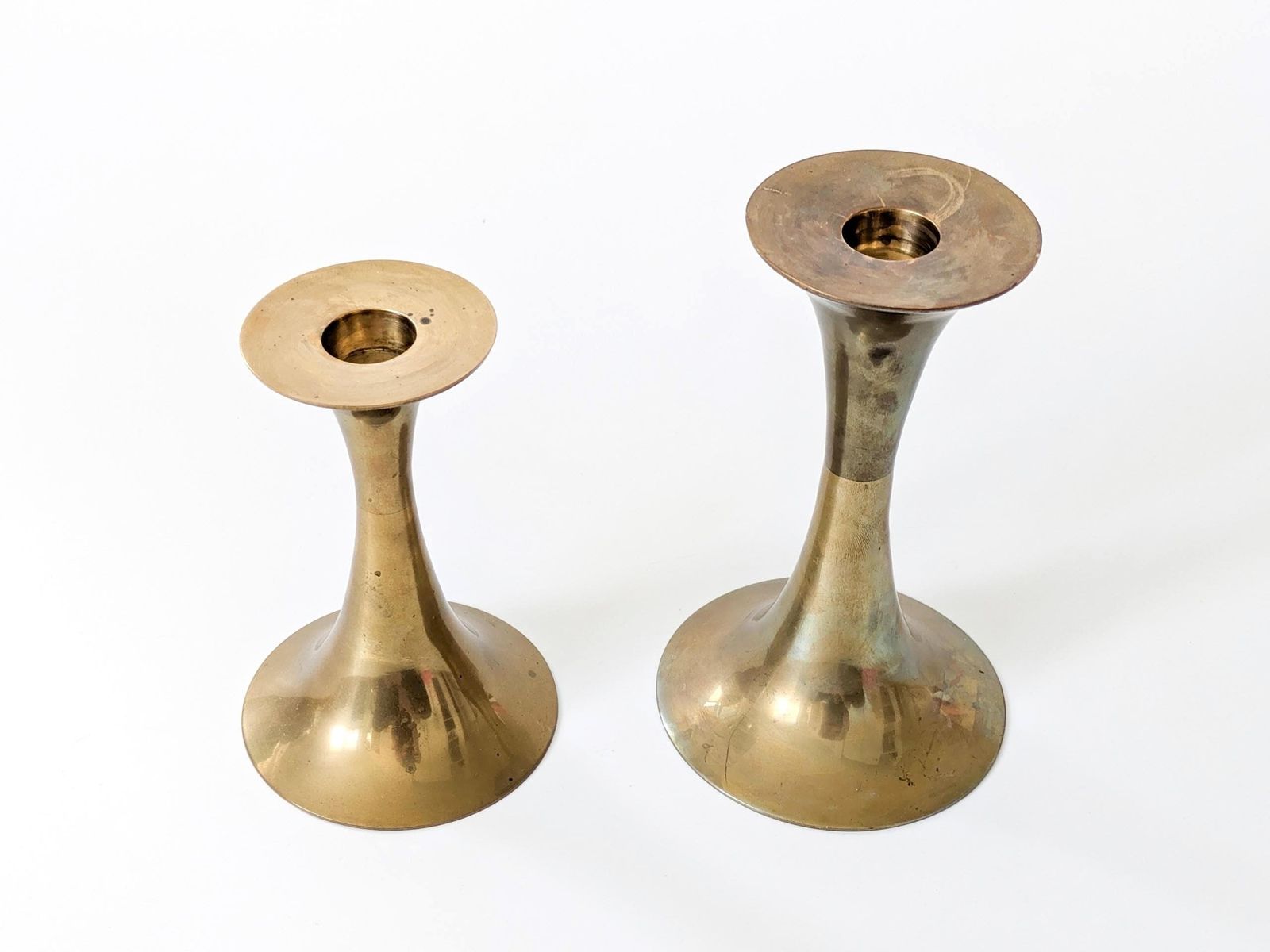 Vintage Brass Trumpet Candlestick Holders Pair Midcentury Modern Table Centerpiece Or Console Decor photo for sale