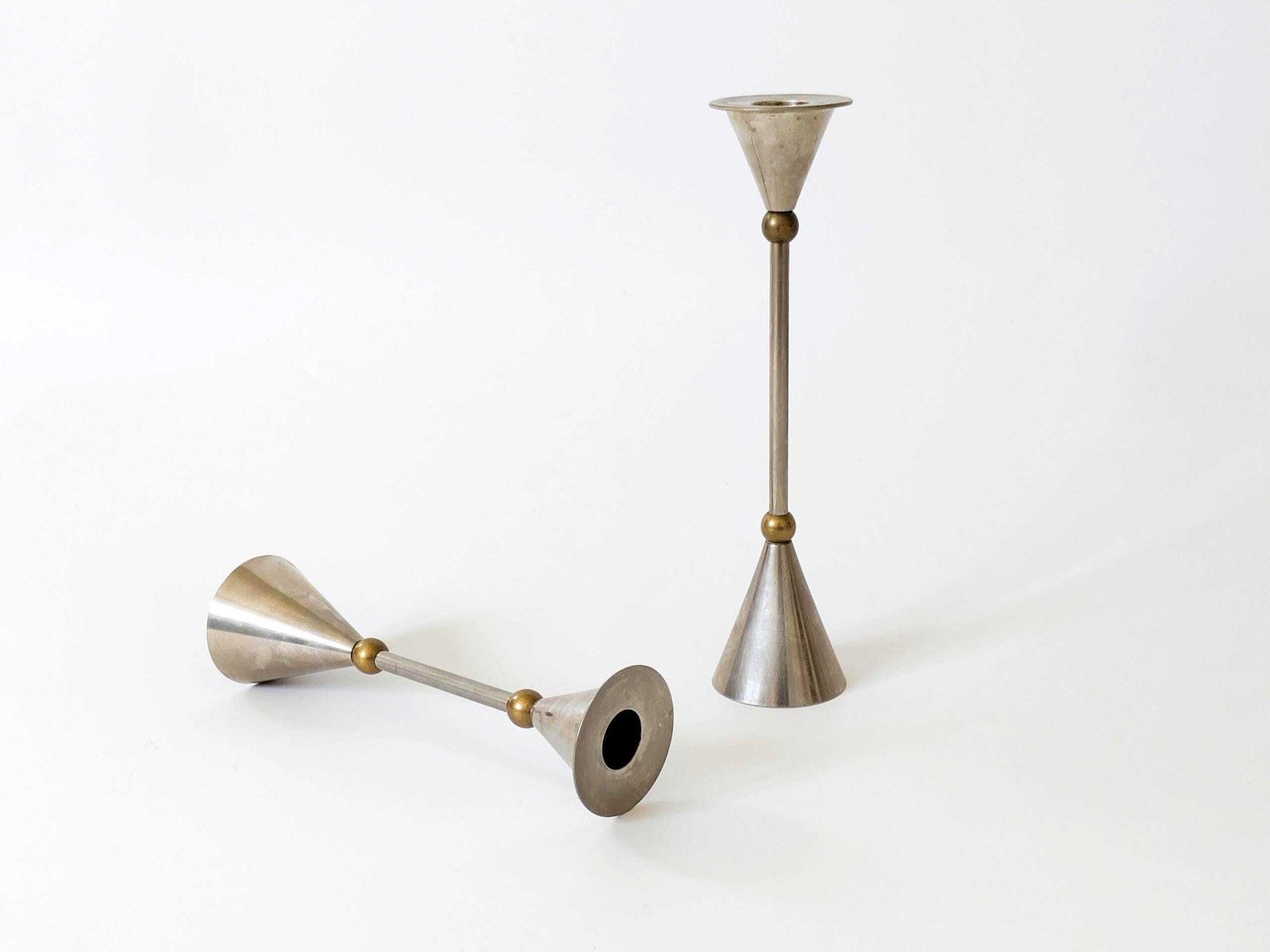 Pair Of Vintage Postmodern Memphis Candlestick Holders 1980s Brass Steel Cone Shape photo furniture