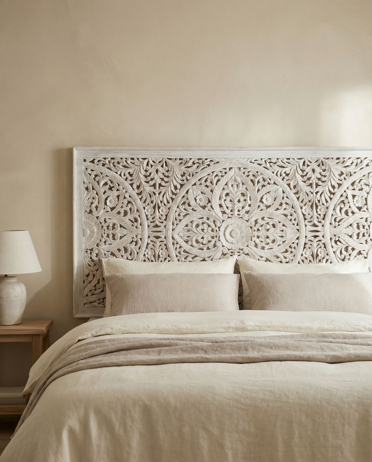 Hand Carved Mango Wood Headboard – Whitewashed Mandala Design photo for sale