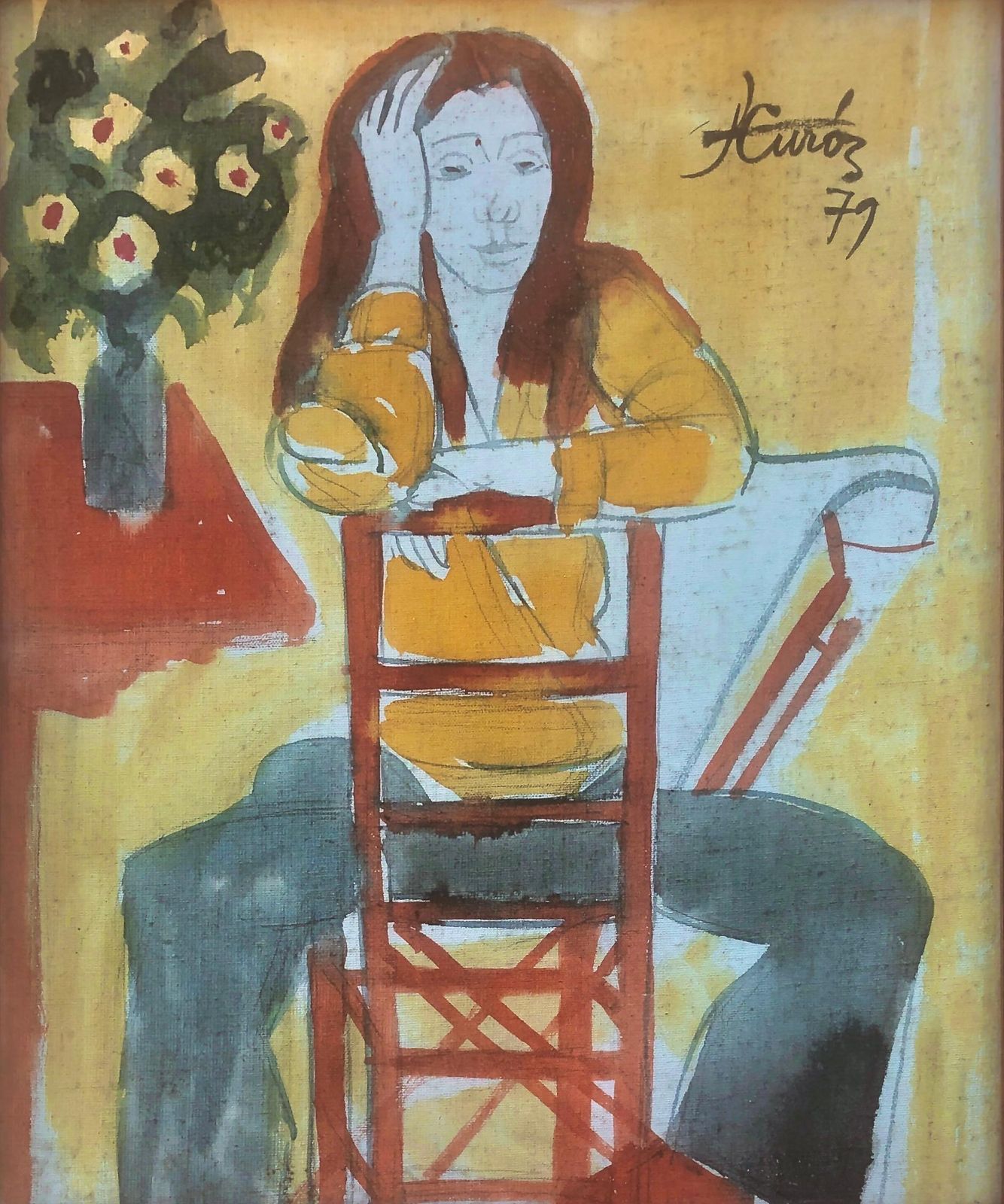 Portrait d'une femme assise, école de Barcelone, Jordi Curos, moderne fauvist espagnol, 1979