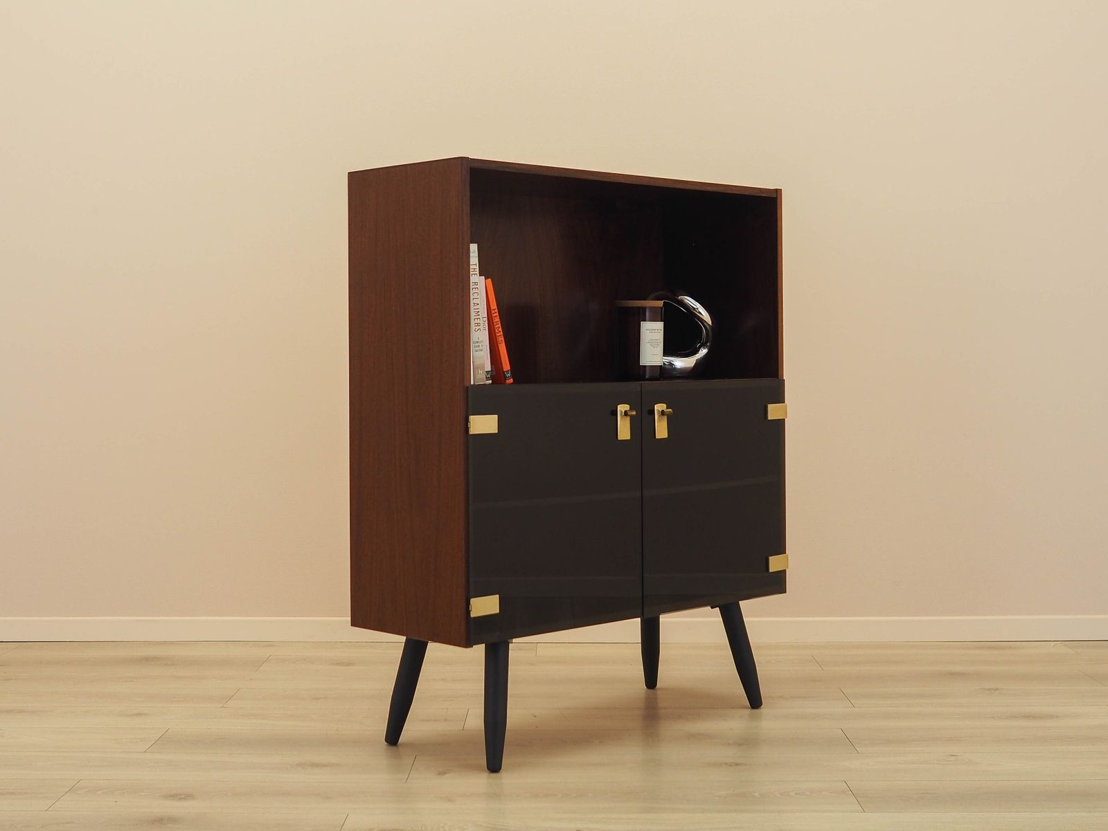 Danish Display Cabinet In Contrasting Veneer With Glass Doors And Black Tapered Legs, 1970s photo 709.0