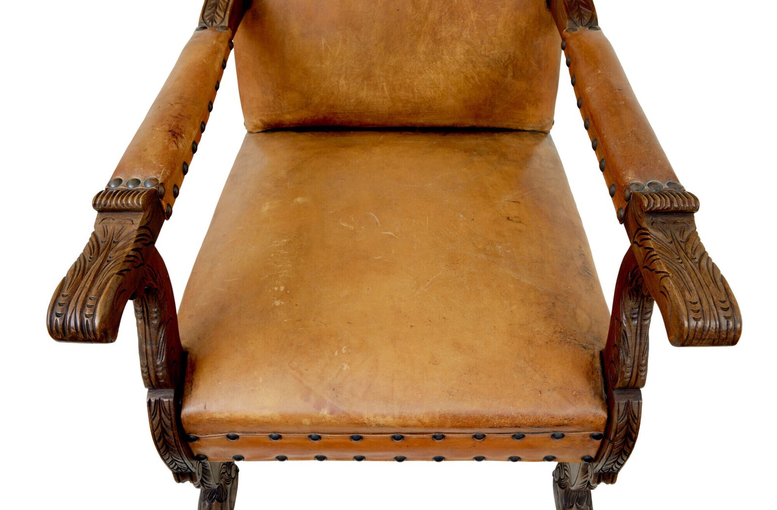 Paar 19e-eeuwse fauteuils van eikenhout en geborduurd leer photo 2695.0