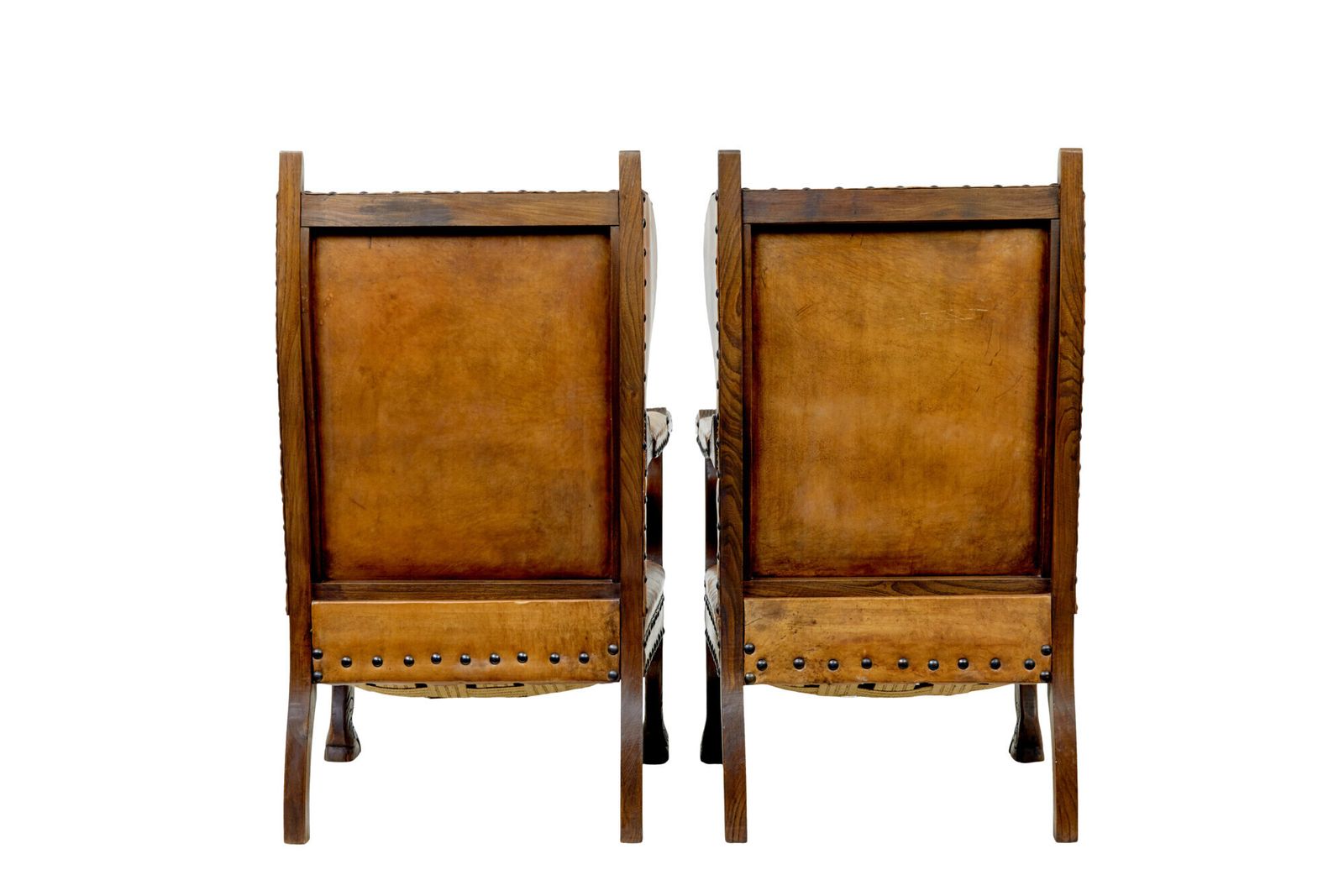 Paar 19e-eeuwse fauteuils van eikenhout en geborduurd leer photo vintage